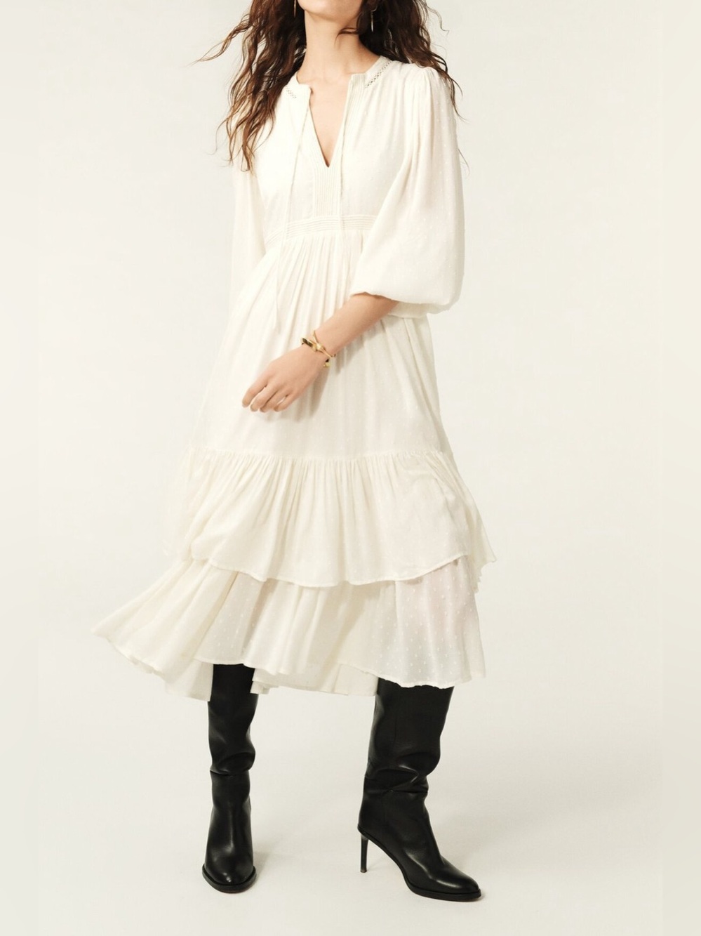 ba&sh Ivory Tiered Midi Dress with Bishop Sleeves